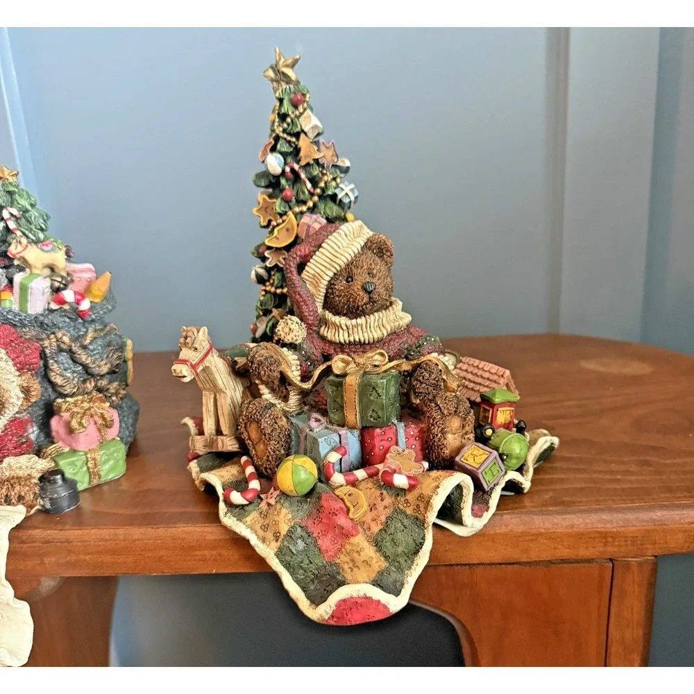 Vintage Teddy Bear Christmas Stocking Holders Pair Resin Santa Mrs Claus F/W